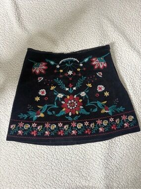 Blu Pepper Black Mini Skirt with Multicolor Floral Embroidery